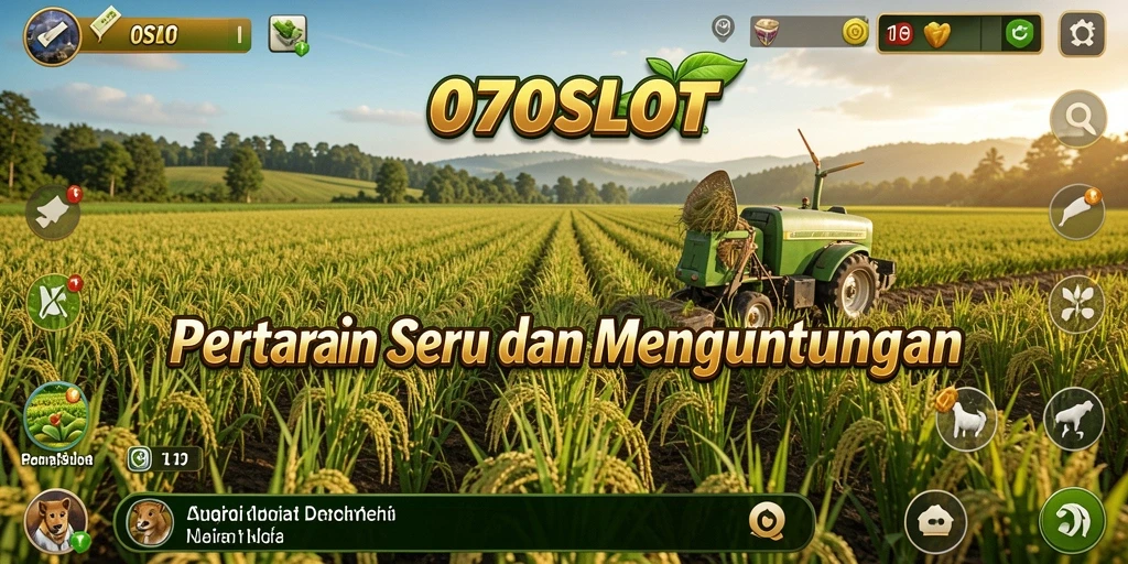Tampilan gameplay 070SLOT dengan ladang hijau yang subur dan tanaman yang tumbuh.