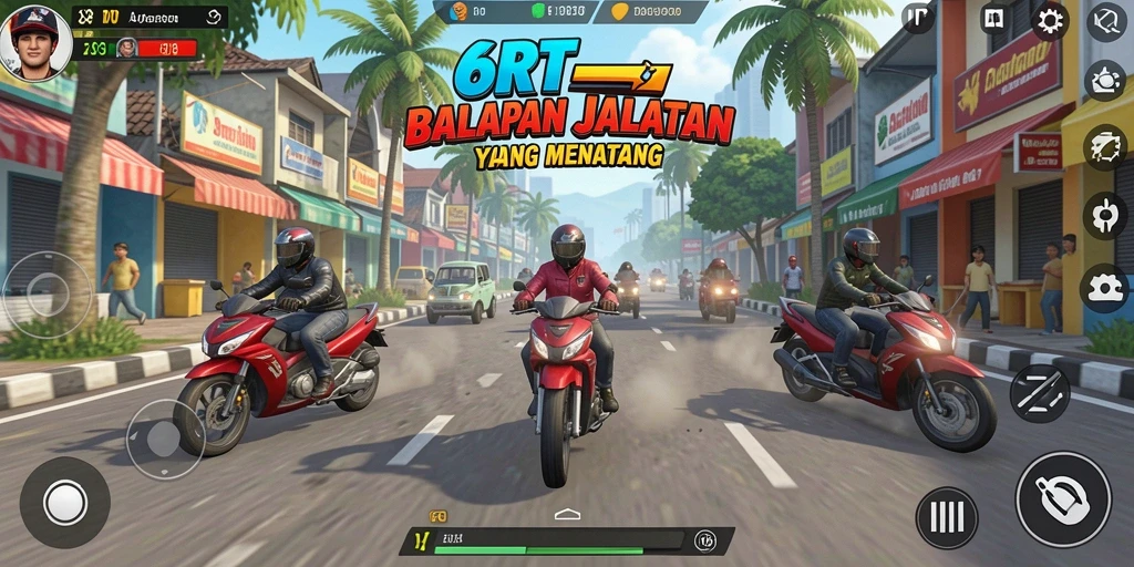 Tampilan gameplay 6RT yang menegangkan saat balapan di jalanan.