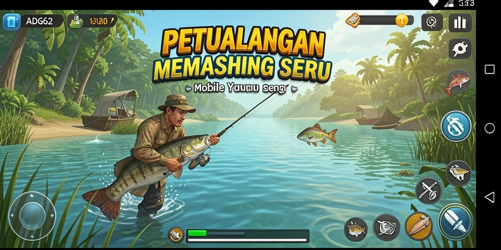 Screenshot menunjukkan pemain menangkap ikan di lokasi yang indah.
