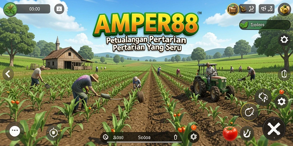 Tampilan gameplay <strong>AMPER88</strong> yang menakjubkan dengan aktivitas pertanian.