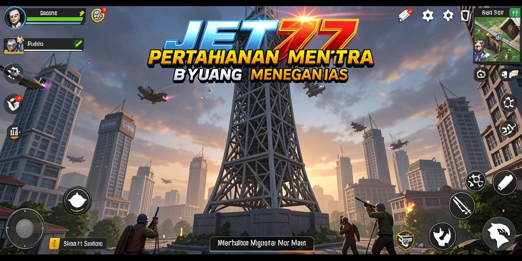 Tampilan gameplay menara pertahanan JET77 yang mendebarkan.