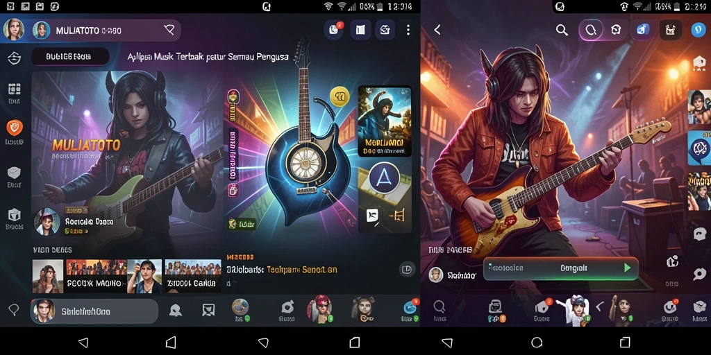 Screenshot gameplay MULIATOTO menunjukkan berbagai lagu dan antarmuka pengguna yang menarik.