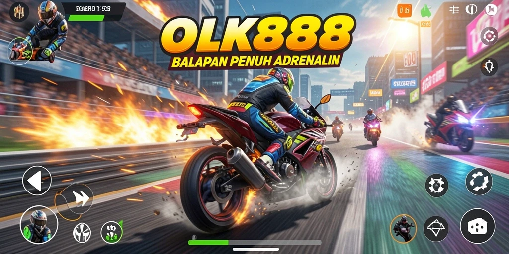 Tampilan gameplay seru di OLX888 dengan motor balap yang adrenalinis.