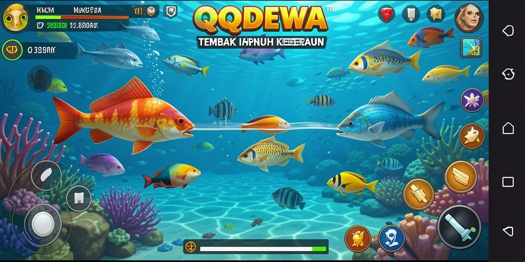 Tampilan gameplay QQDEWA yang penuh aksi dengan ikan berwarna-warni.