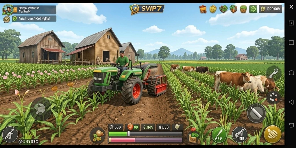 Screenshot gameplay SVIP7 dengan aksi pertanian yang menarik.